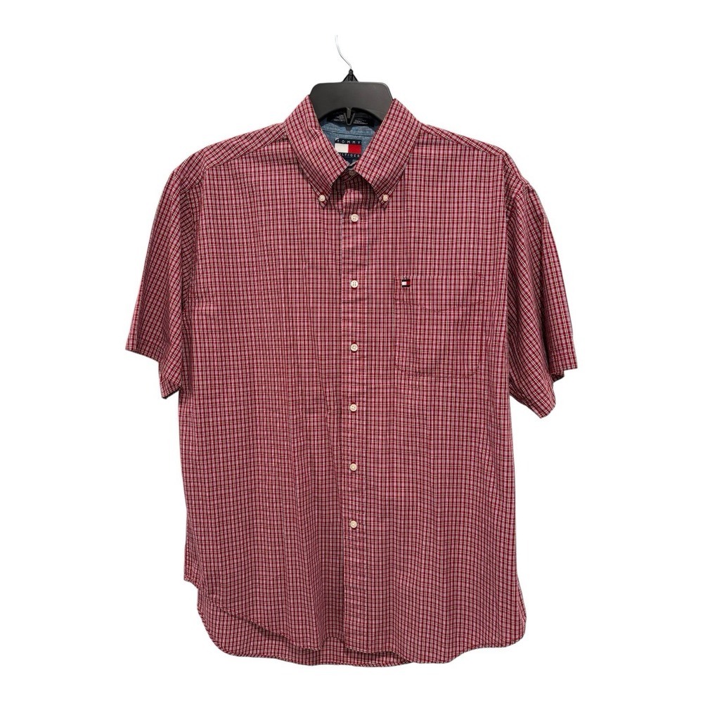 Tommy Hilfiger Shirt Mens Large Red Checked Plaid Cotton Y2K Preppy 2001
